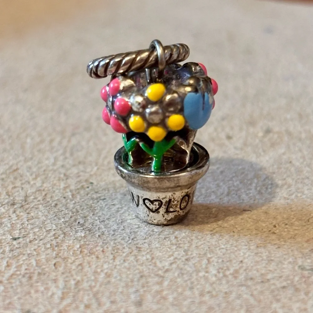 Brighton Love to Grow charm Silver pot Pink, yellow, & blue blooms Green stems - Picture 5 of 10